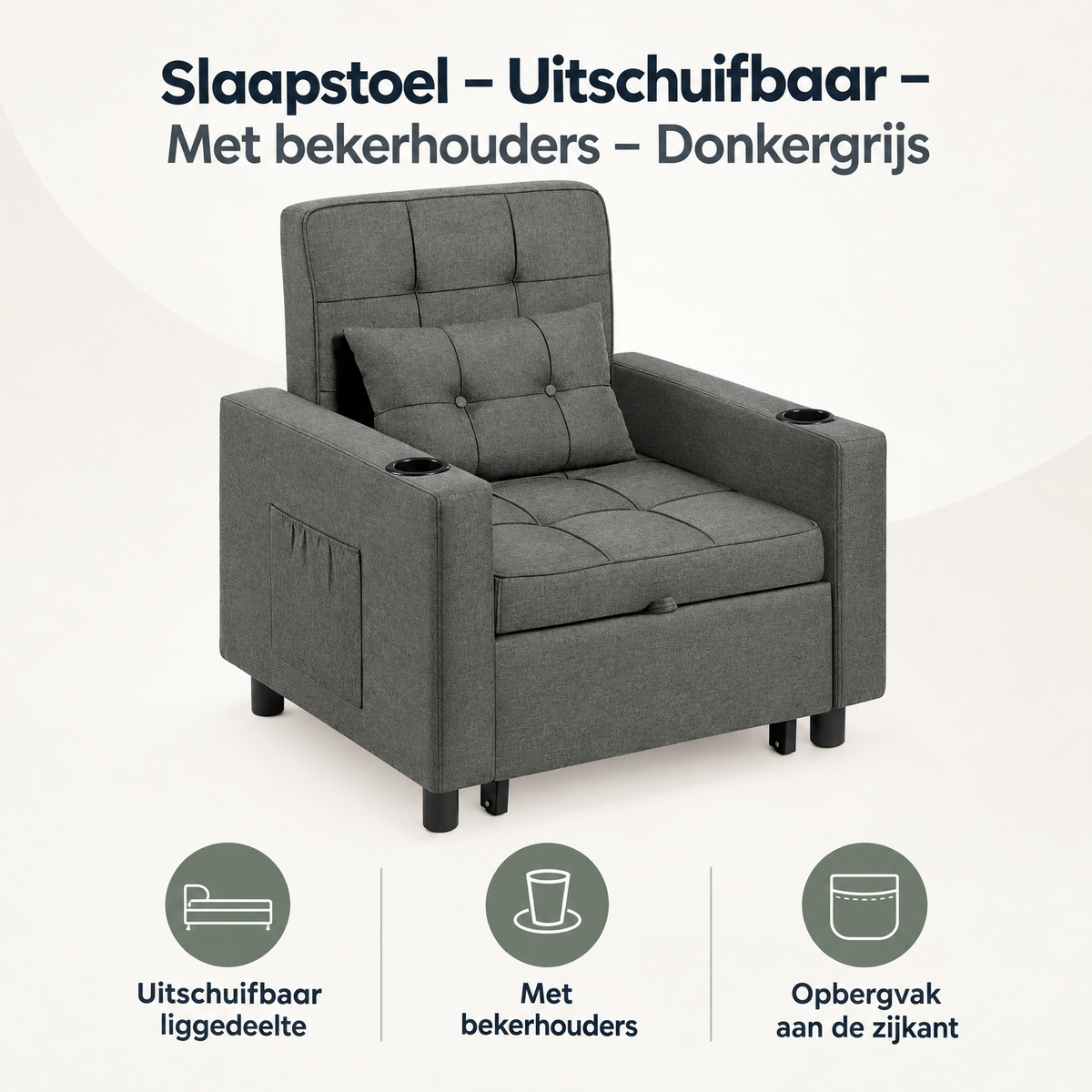 Donkere grijze BukkitBow slaapstoel met uitschuifbare slaapfunctie en bekerhouders, overzicht van kernvoordelen.