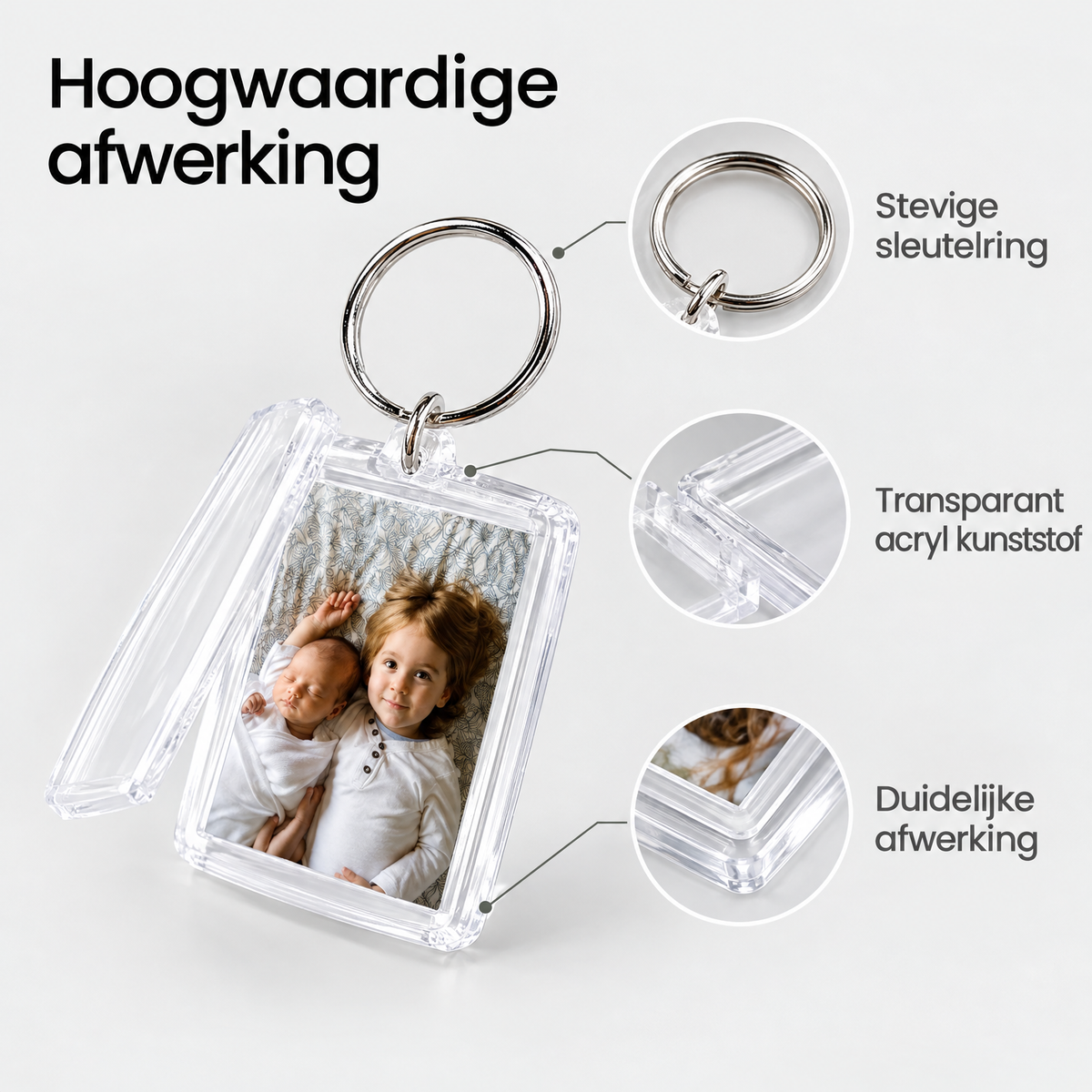 Detail van materiaal en afwerking van sleutelhanger met fotohouder