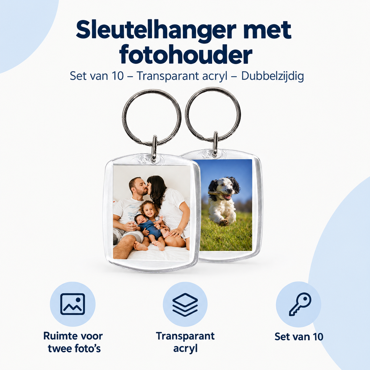 Overzicht van sleutelhanger met fotohouder met de belangrijkste productvoordelen
