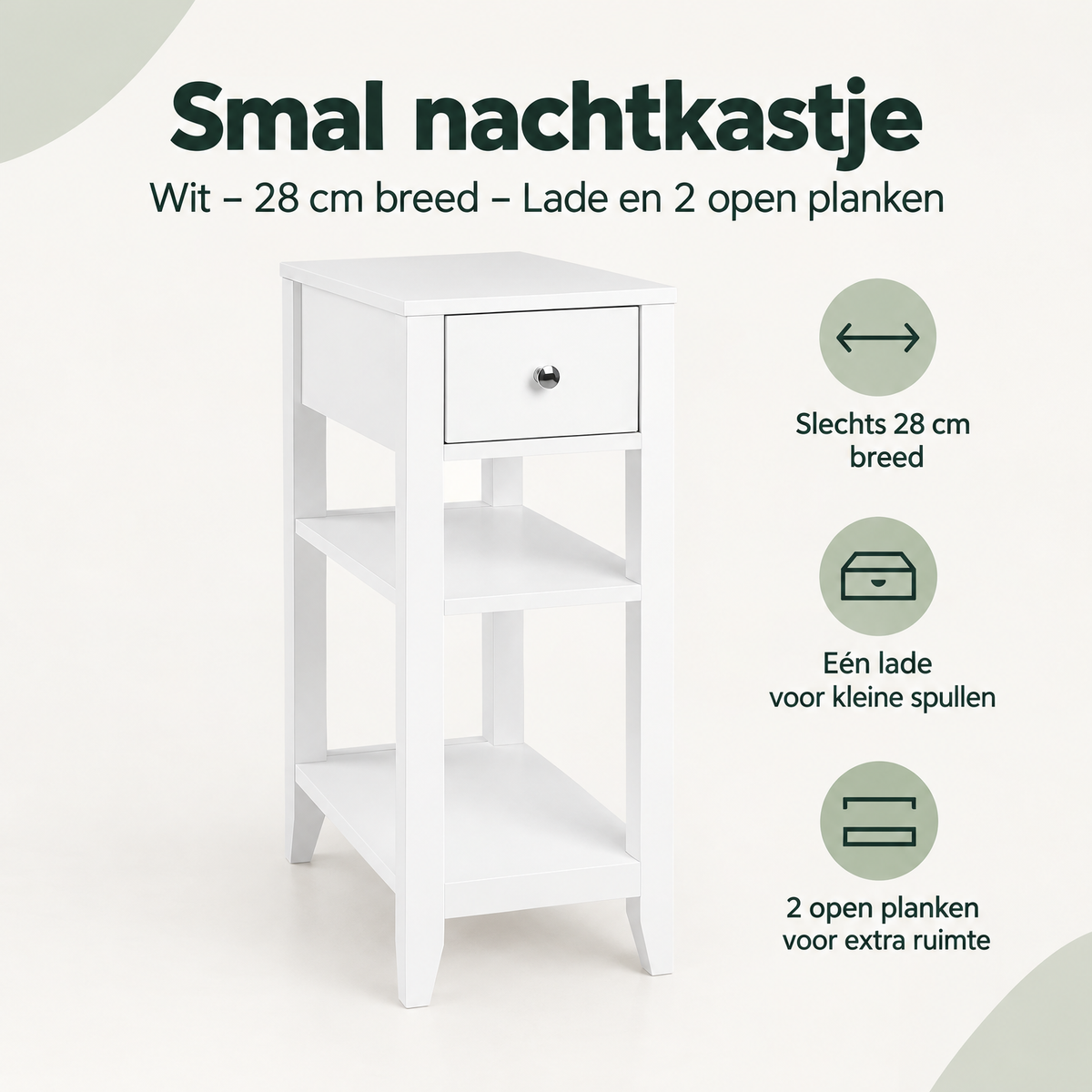 Wit smal nachtkastje van BukkitBow met lade en 2 open planken, 28 cm breed, ideaal voor slaapkameropbergruimte.