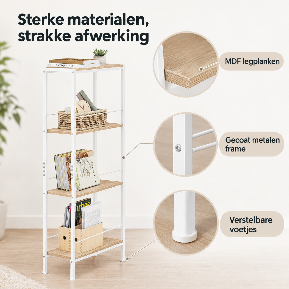 Detail van materiaal en afwerking van smal opbergrek