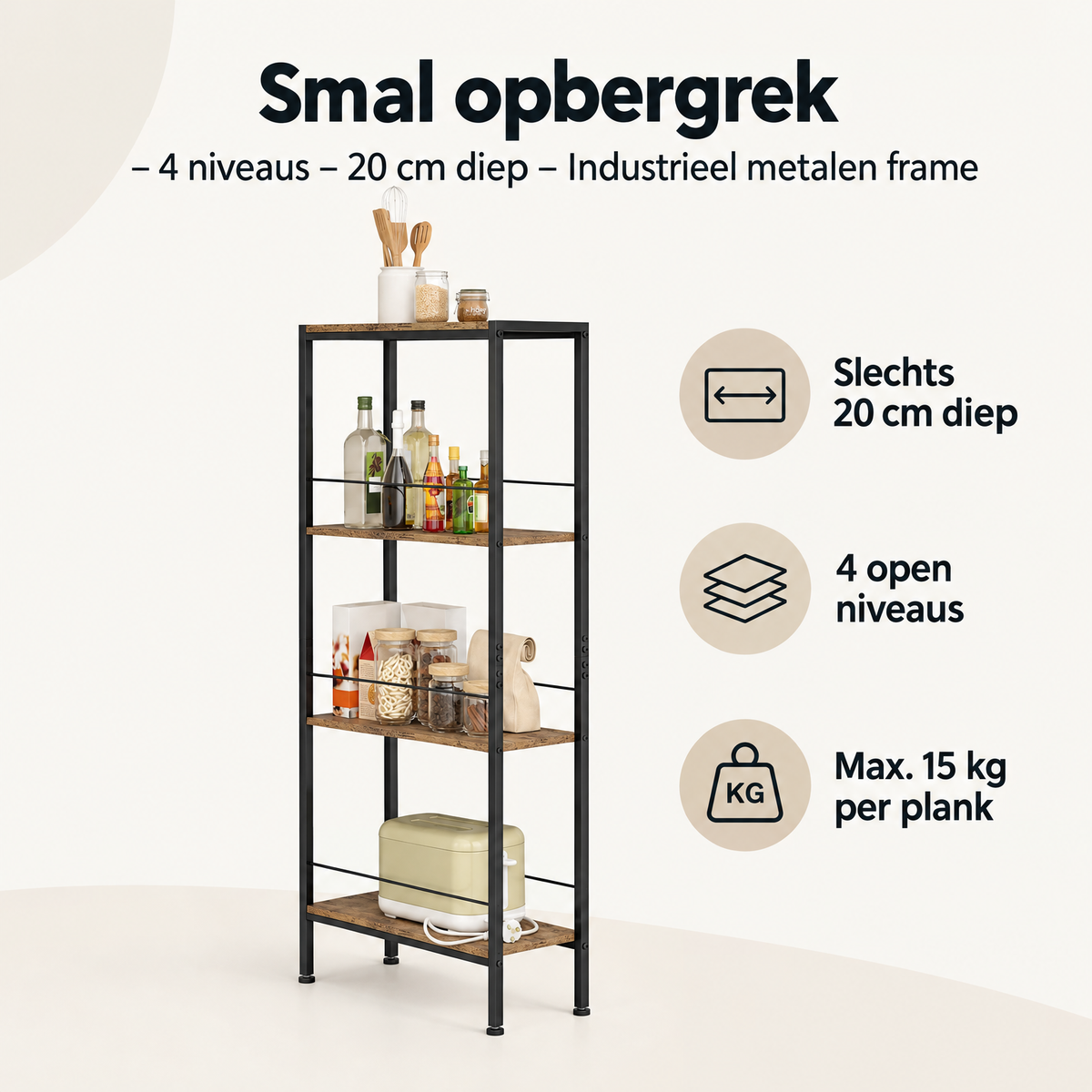 Overzicht van smal opbergrek met de belangrijkste productvoordelen