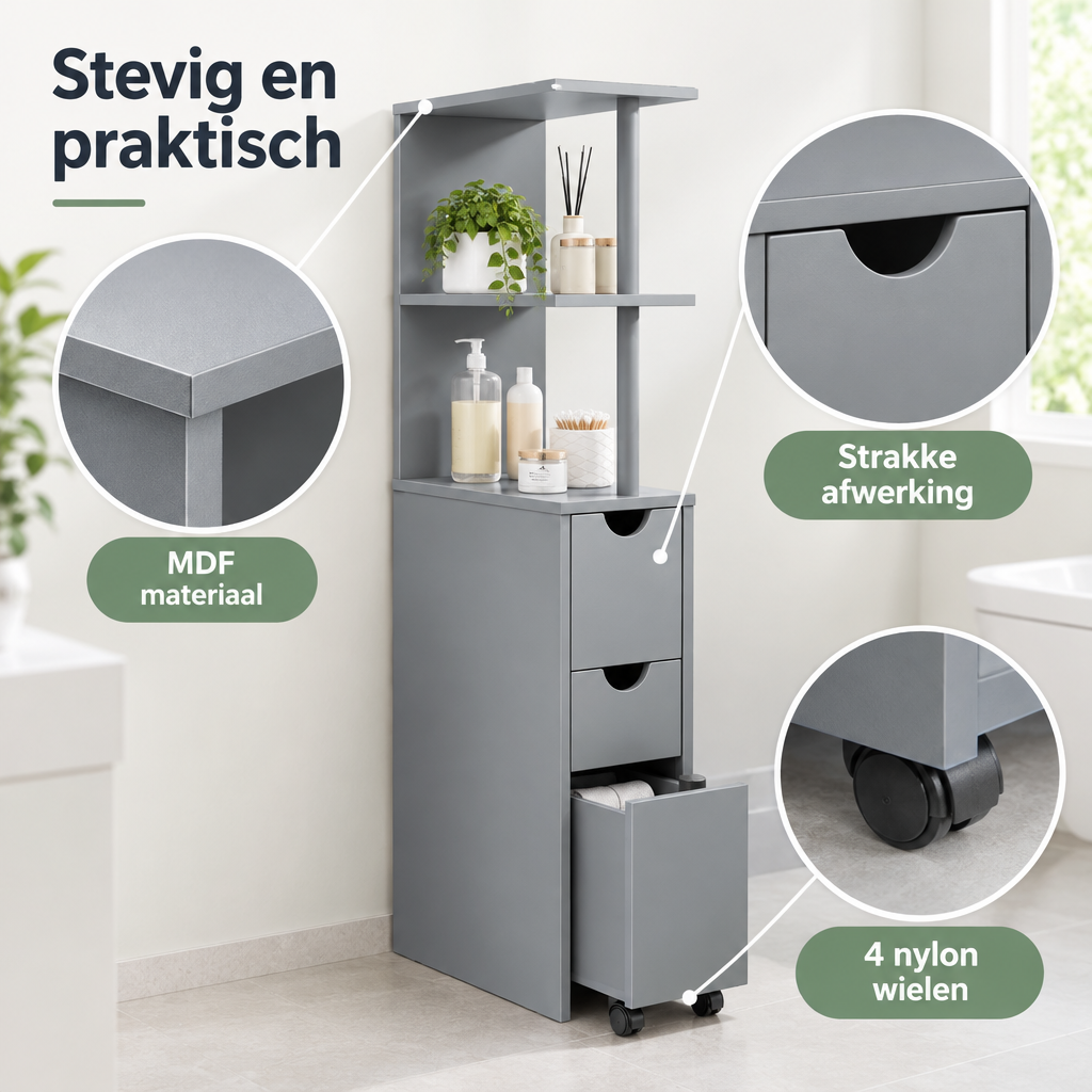 Detail van materiaal en afwerking van smalle badkamerkast