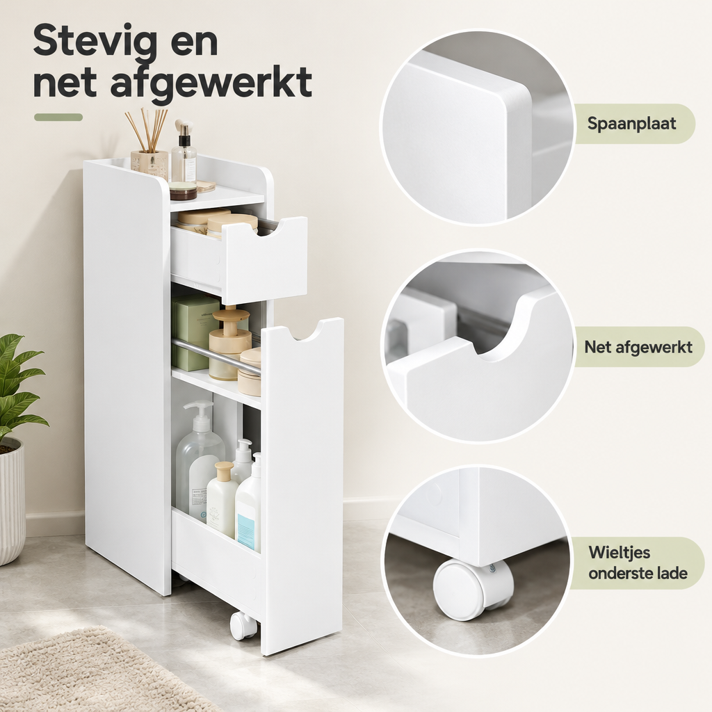 Detail van materiaal en afwerking van smalle badkamerkast