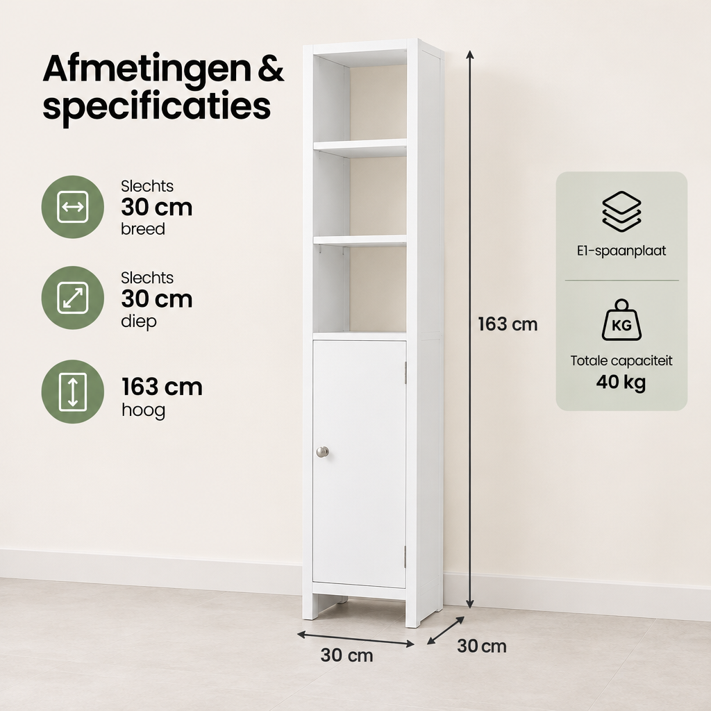 Afmetingen en productspecificaties van smalle badkamerkast