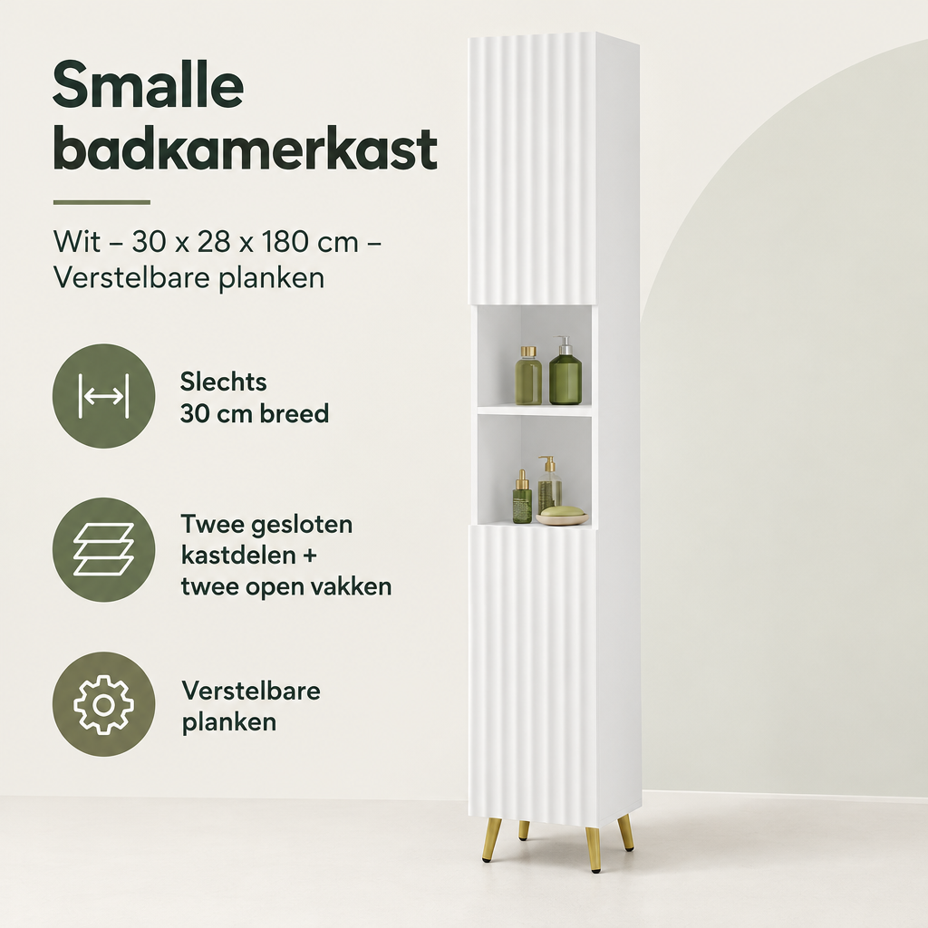 Smalle witte badkamerkast van BukkitBow met verstelbare planken en afmetingen 30x28x180 cm, overzicht van kernvoordelen.