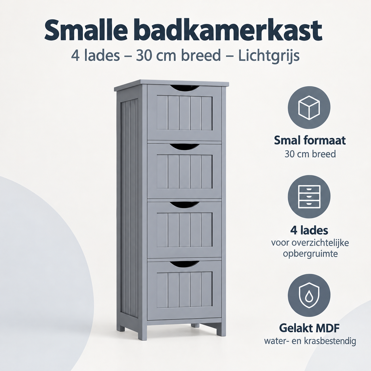 Overzicht van smalle badkamerkast met de belangrijkste productvoordelen