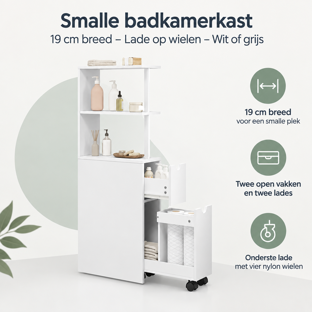 Overzicht van smalle badkamerkast met de belangrijkste productvoordelen