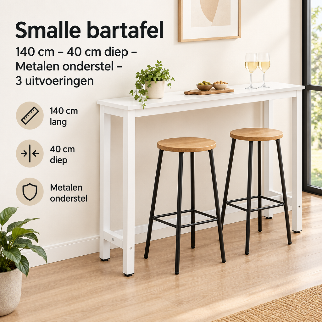 Praktische toepassing en keuzehulp voor smalle bartafel 140 cm