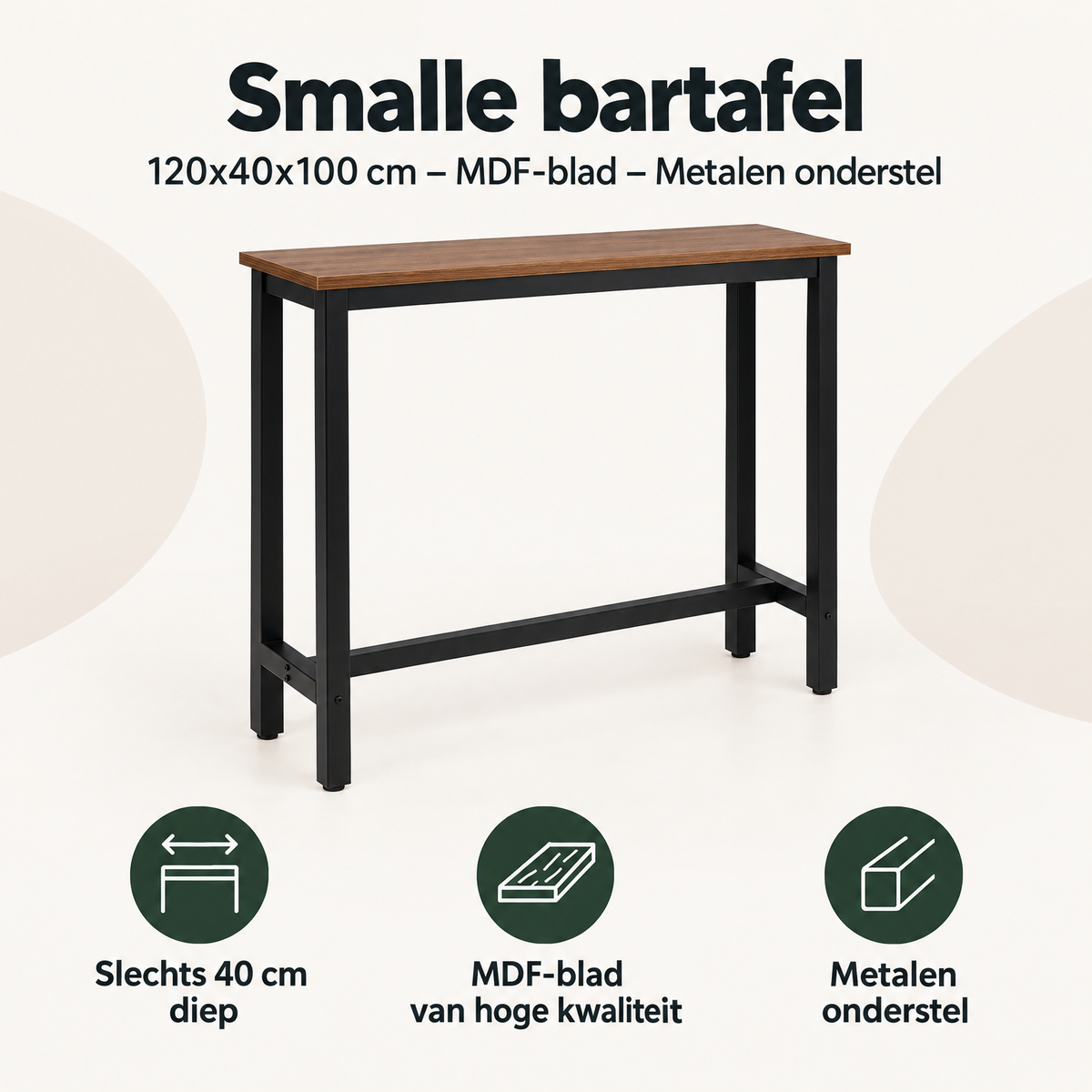 Overzicht van smalle bartafel met de belangrijkste productvoordelen
