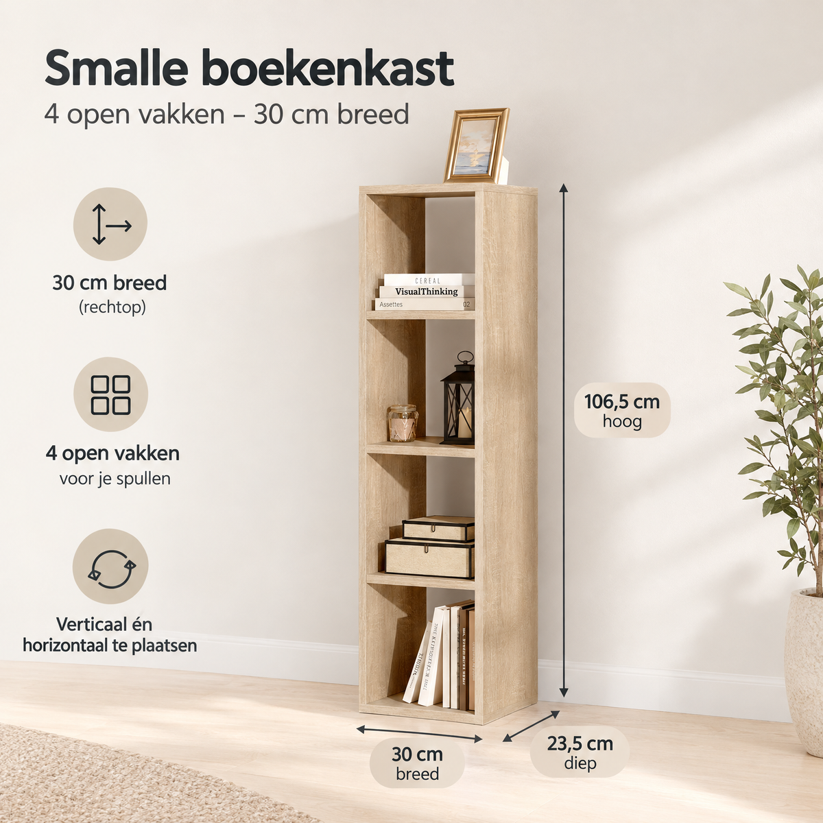 Afmetingen en productspecificaties van smalle boekenkast