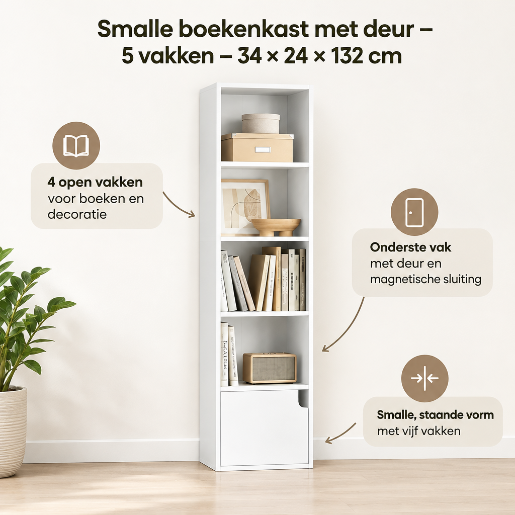 Belangrijkste voordelen en eigenschappen van smalle boekenkast met deur
