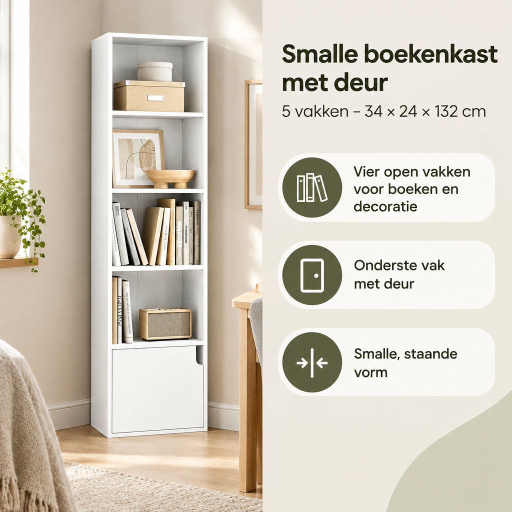 Praktische toepassing en keuzehulp voor smalle boekenkast met deur