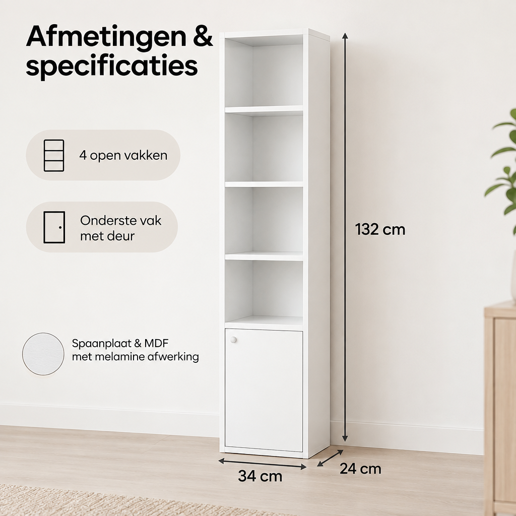 Afmetingen en productspecificaties van smalle boekenkast met deur