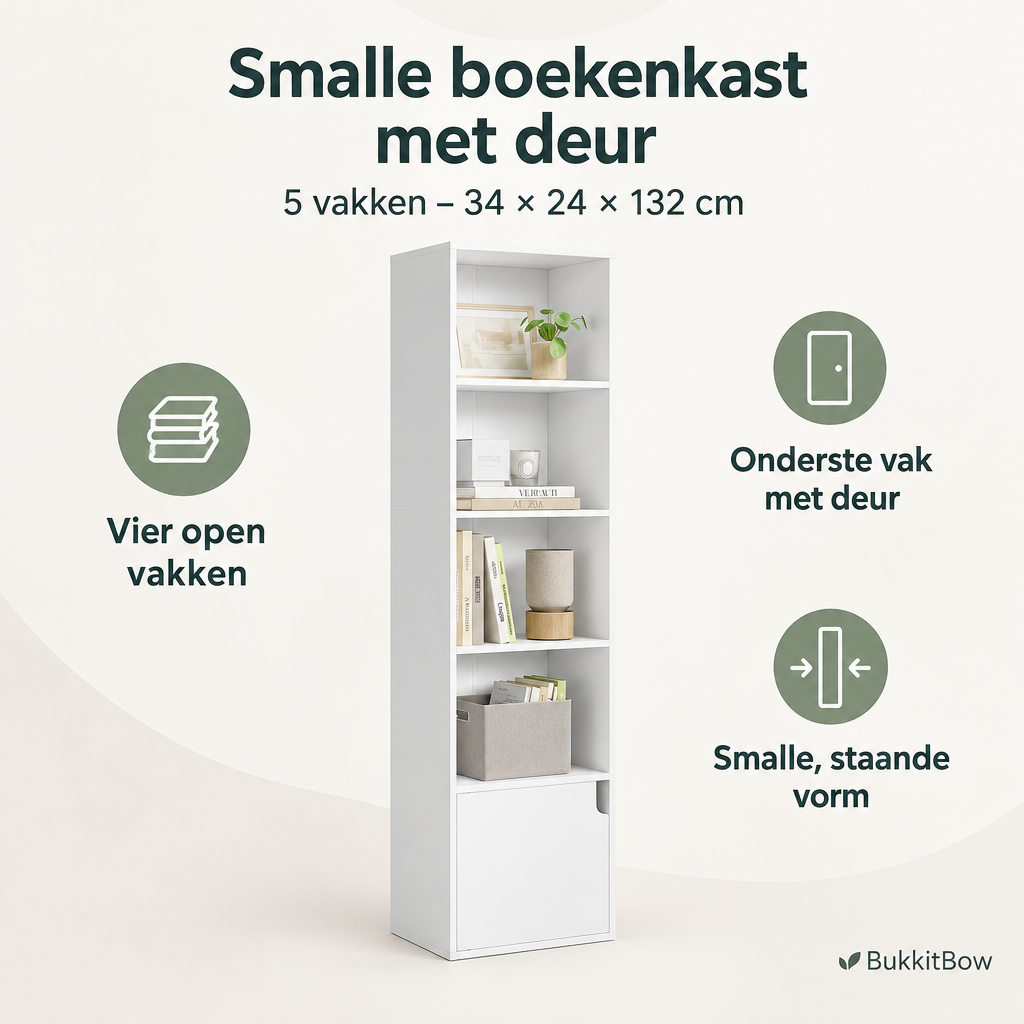 Overzicht van smalle boekenkast met deur met de belangrijkste productvoordelen