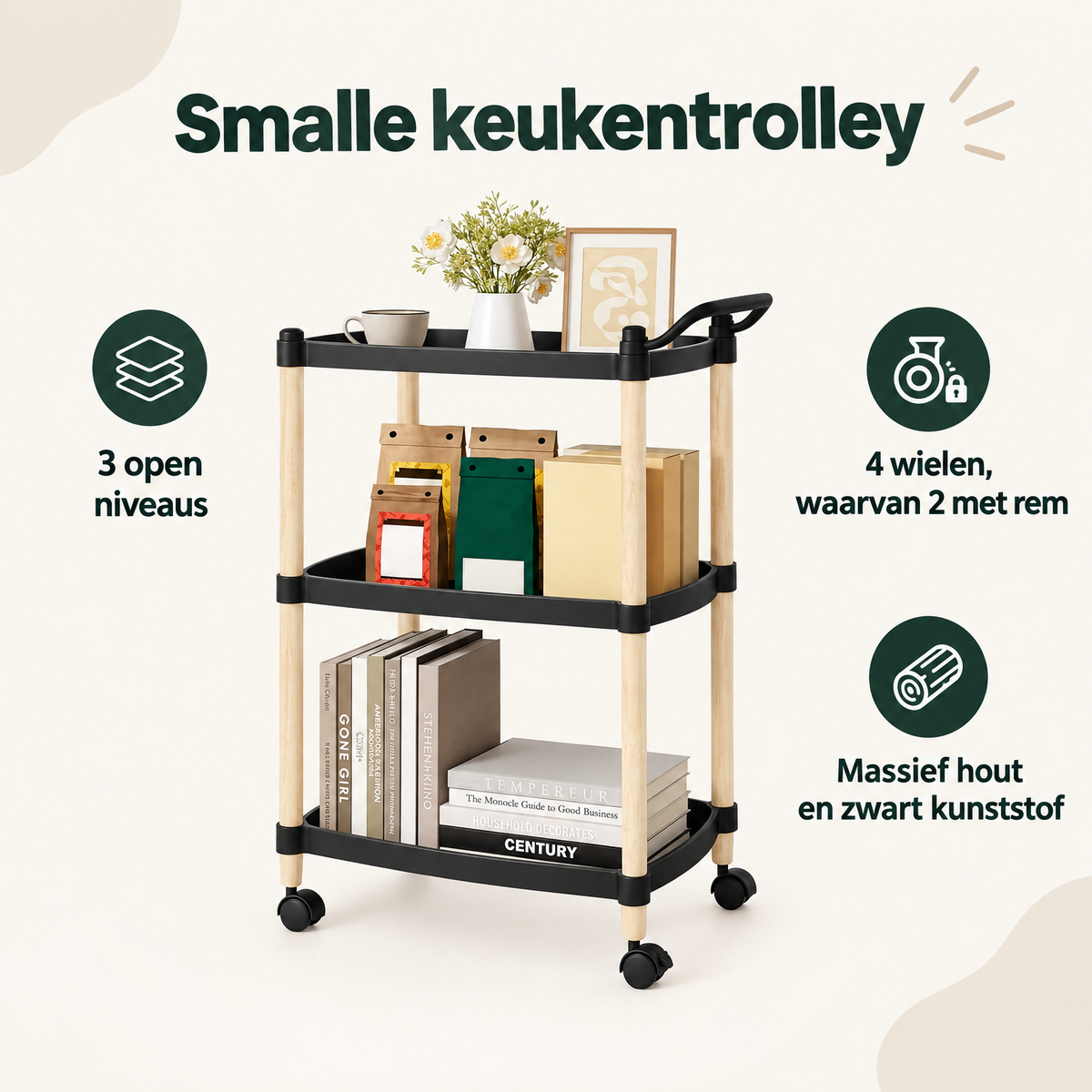 Overzicht van smalle keukentrolley met de belangrijkste productvoordelen