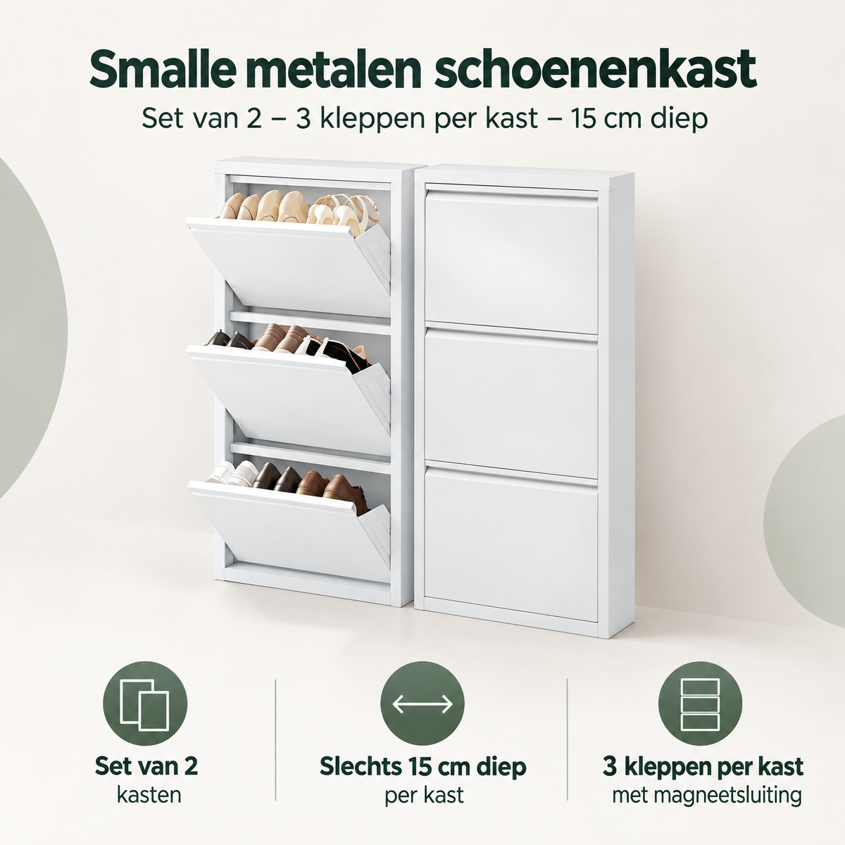 Overzicht van smalle metalen schoenenkast met de belangrijkste productvoordelen