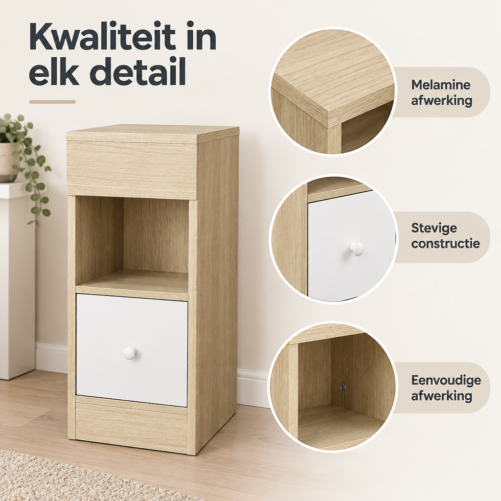 Detail van materiaal en afwerking van smalle nachtkastjes set van 2