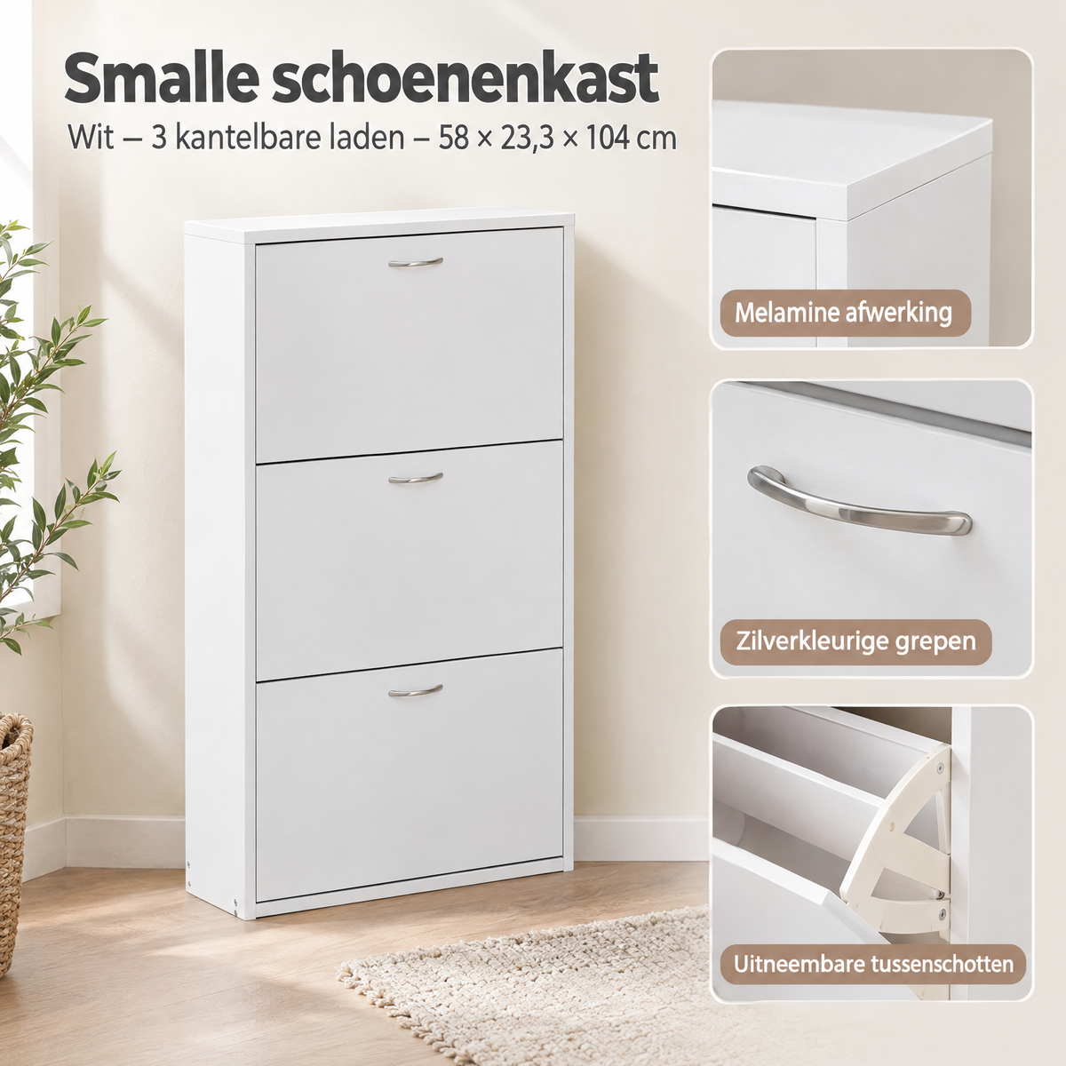 Detail van materiaal en afwerking van smalle schoenenkast