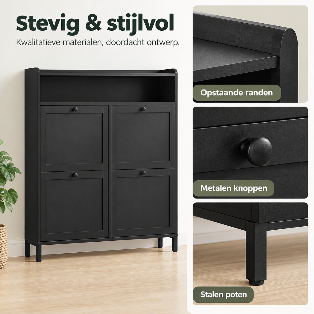 Detail van materiaal en afwerking van smalle schoenenkast