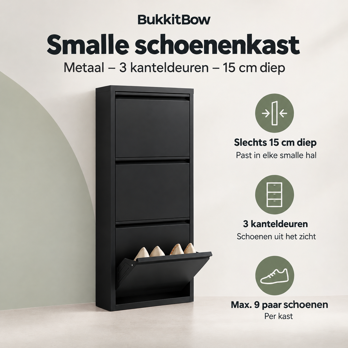 Overzicht van smalle schoenenkast met de belangrijkste productvoordelen