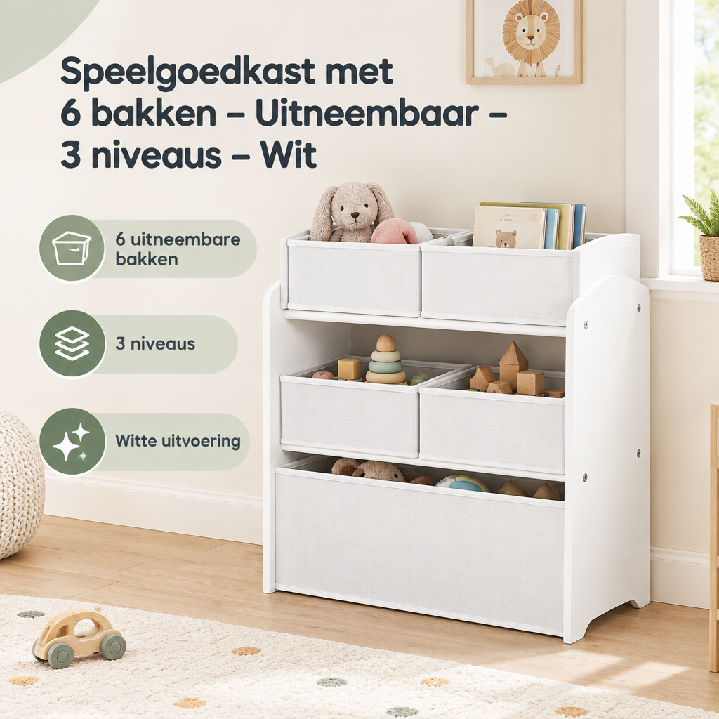 Praktische toepassing en keuzehulp voor speelgoedkast met 6 bakken
