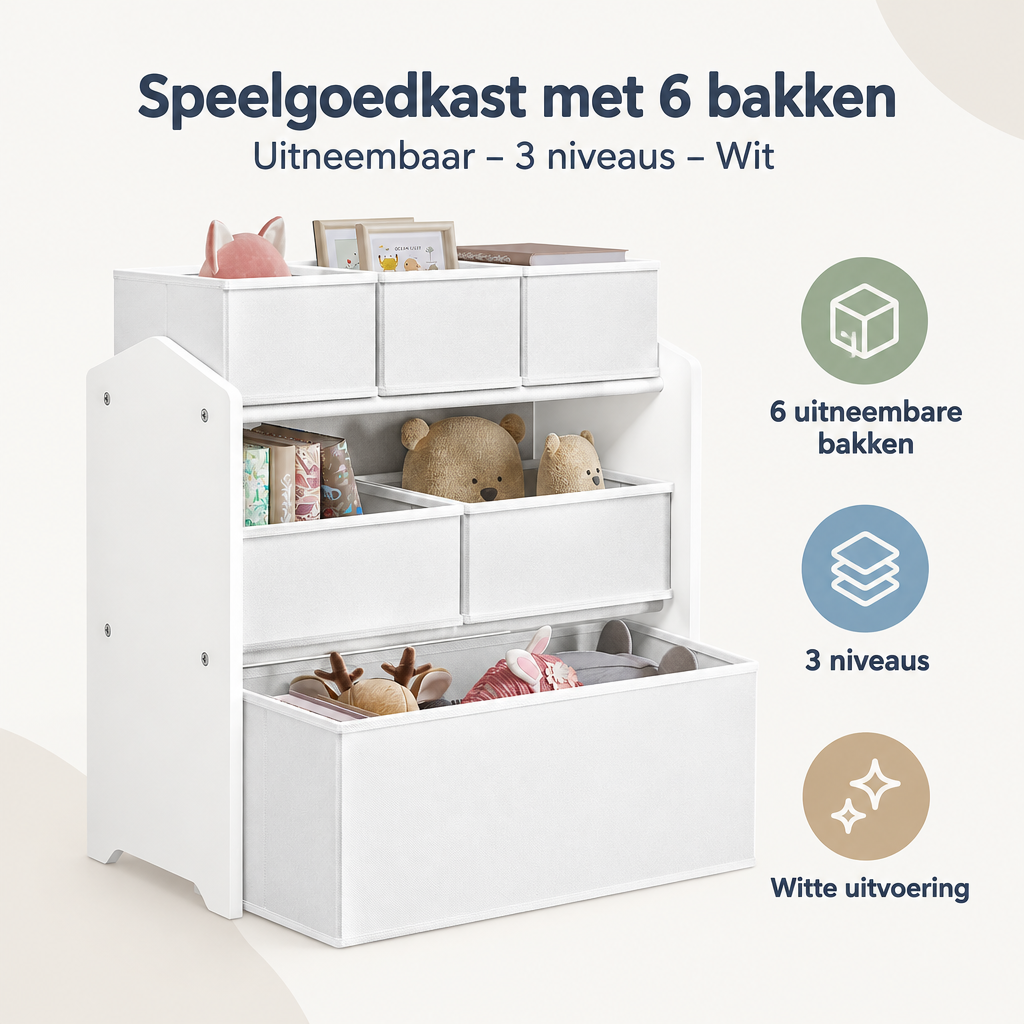 Overzicht van speelgoedkast met 6 bakken met de belangrijkste productvoordelen