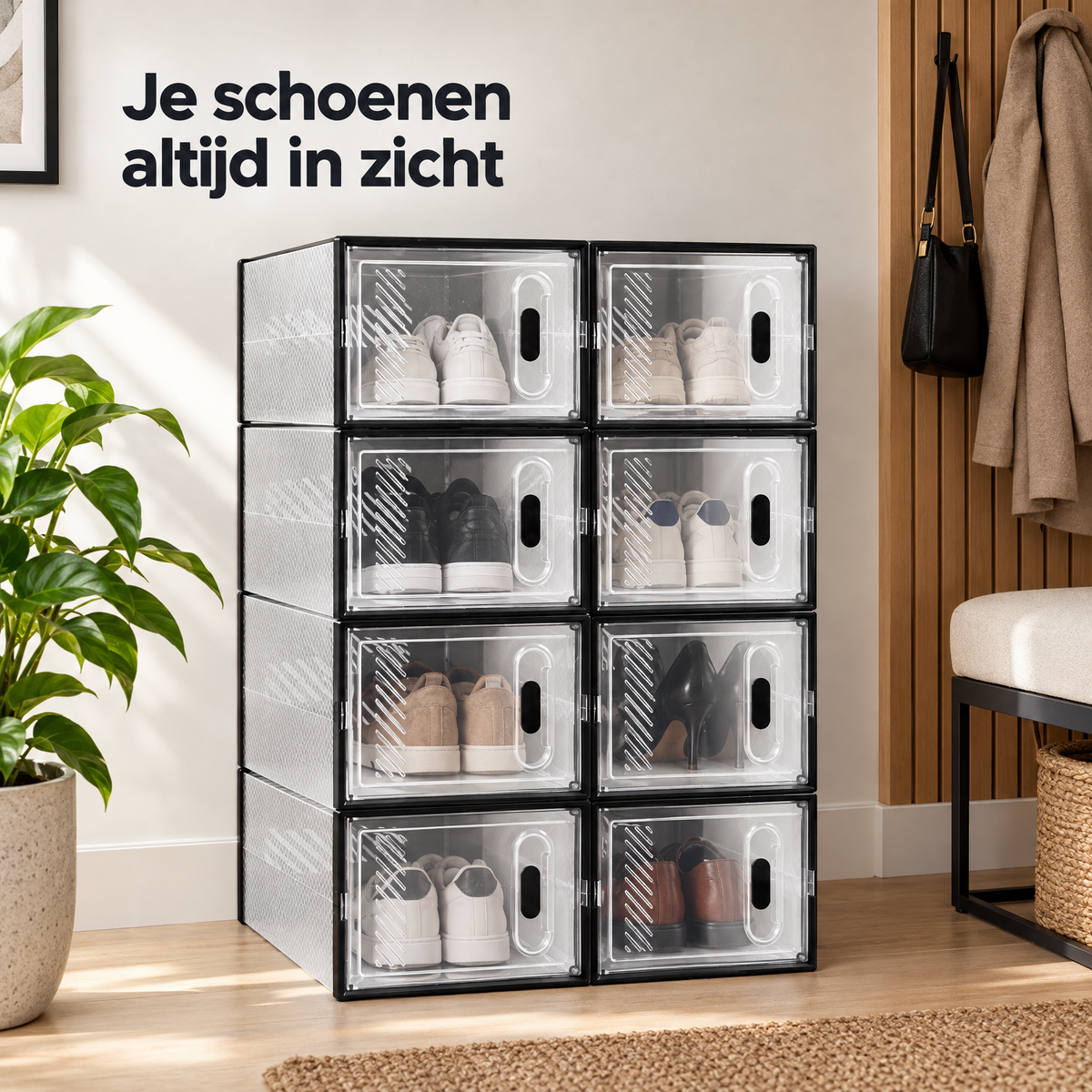 stapelbare schoenendozen in gebruik in een passende praktijksituatie