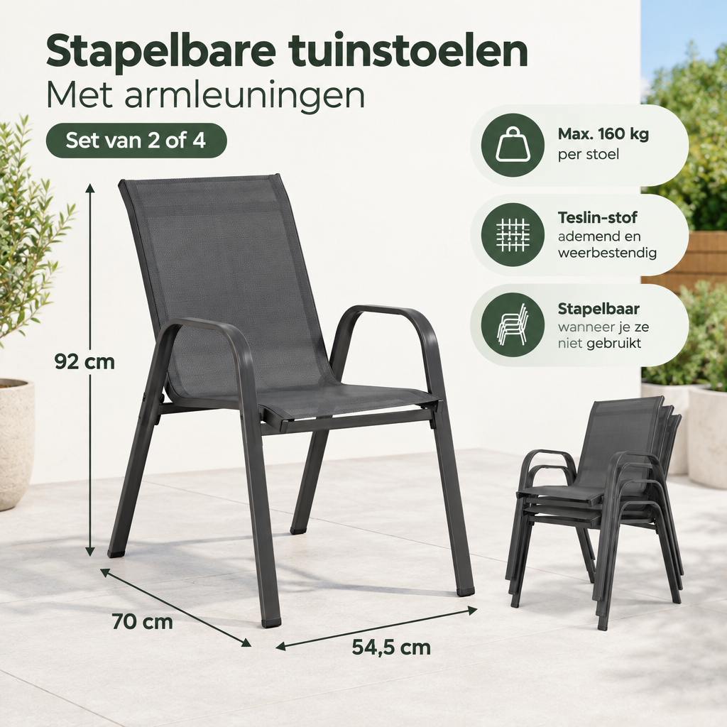 Afmetingen en productspecificaties van stapelbare tuinstoelen