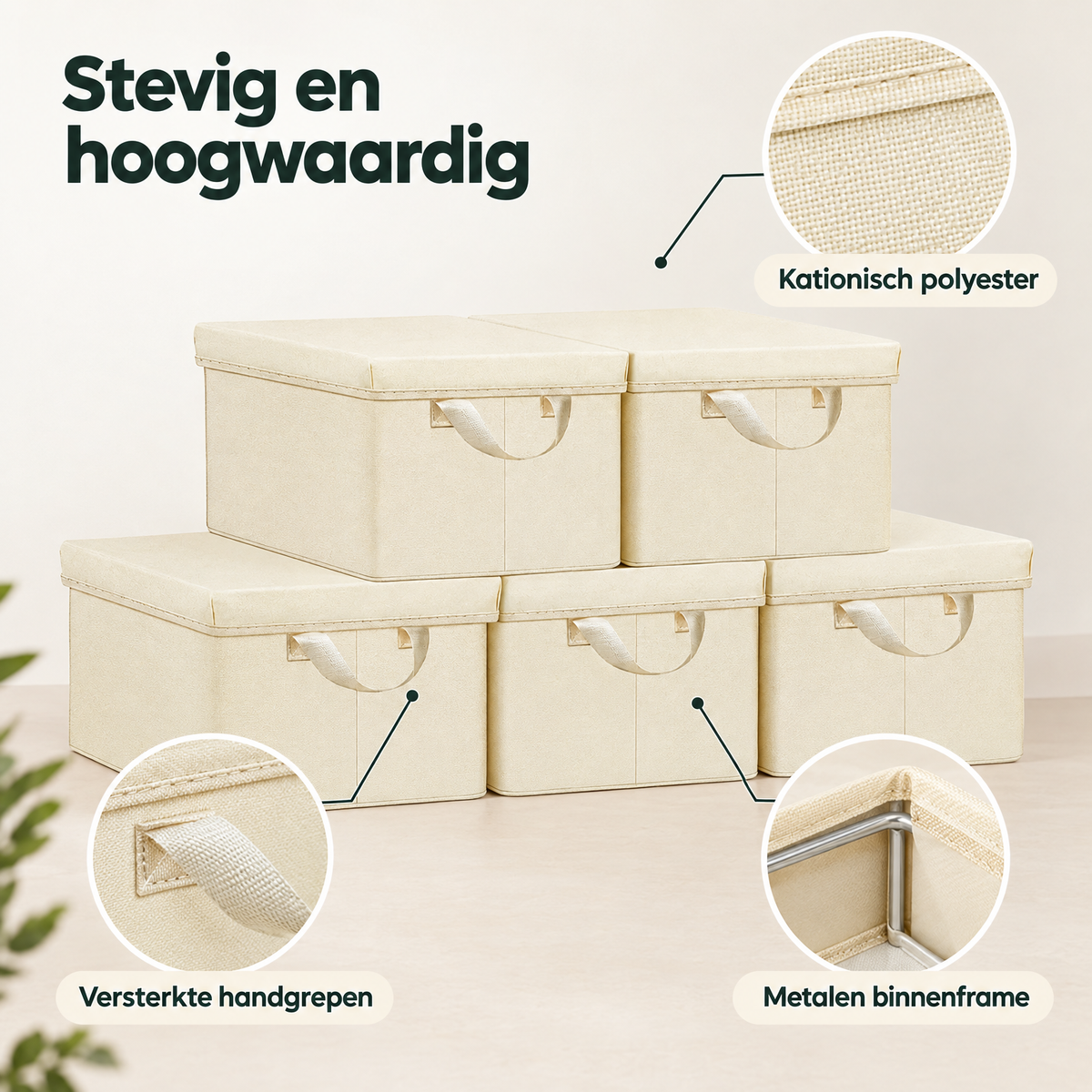Detail van materiaal en afwerking van stoffen opbergboxen met deksel
