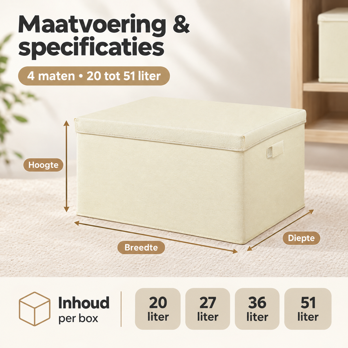Afmetingen en productspecificaties van stoffen opbergboxen met deksel