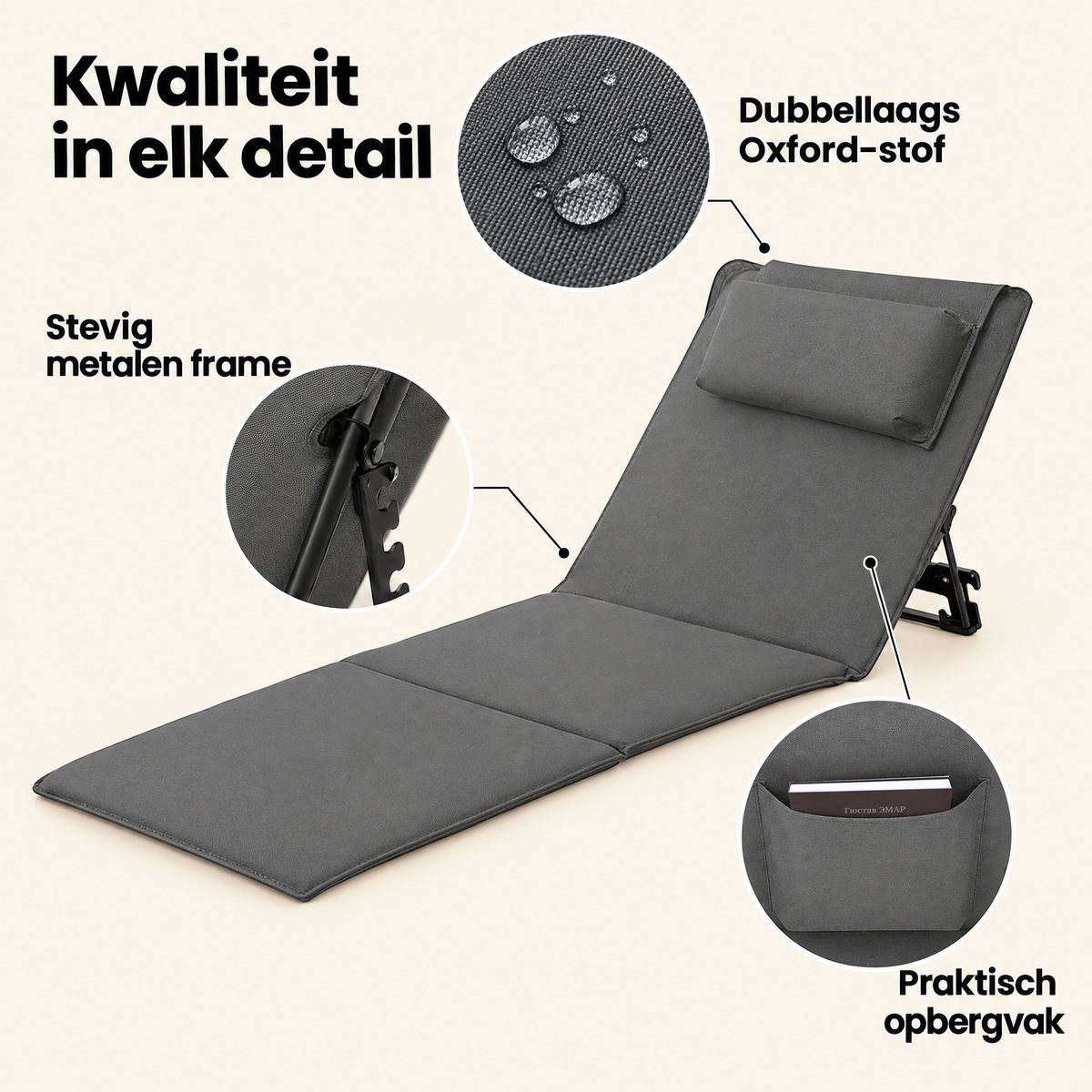 BukkitBow strandmat met rugleuning, 3 standen, gevoerd met hoofdkussen, opvouwbaar voor comfortabel relaxen op het strand