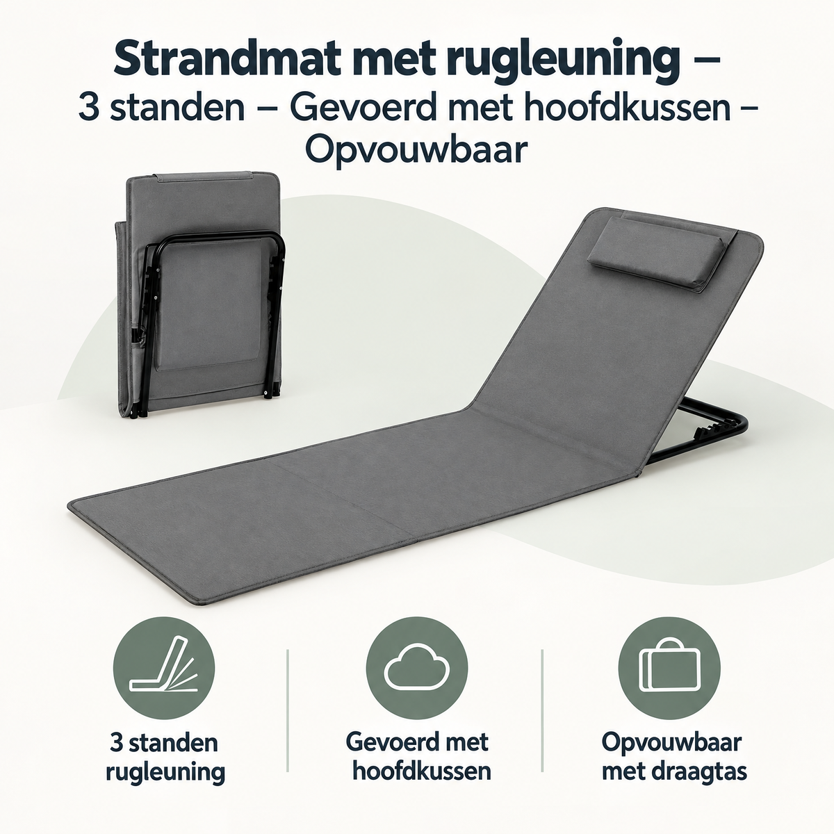 BukkitBow strandmat met rugleuning, 3 standen, gevoerd met hoofdkussen, opvouwbaar en comfortabel voor op het strand