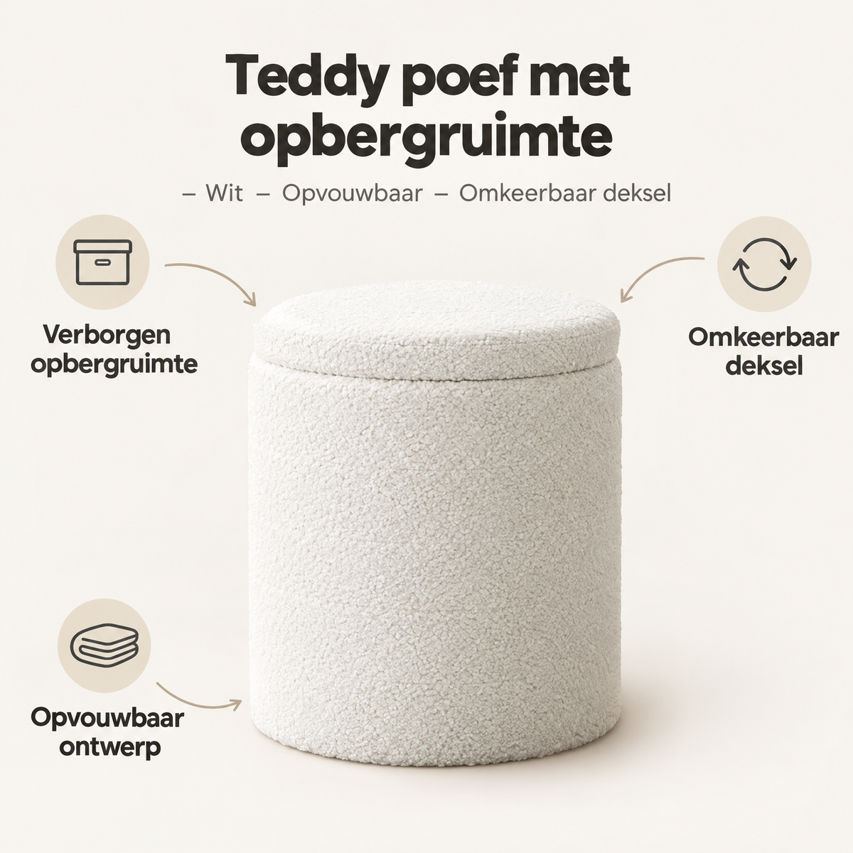 Witte opbergpoef van BukkitBow met teddy-ontwerp, opvouwbaar en omkeerbaar deksel voor extra opbergruimte en stijl.