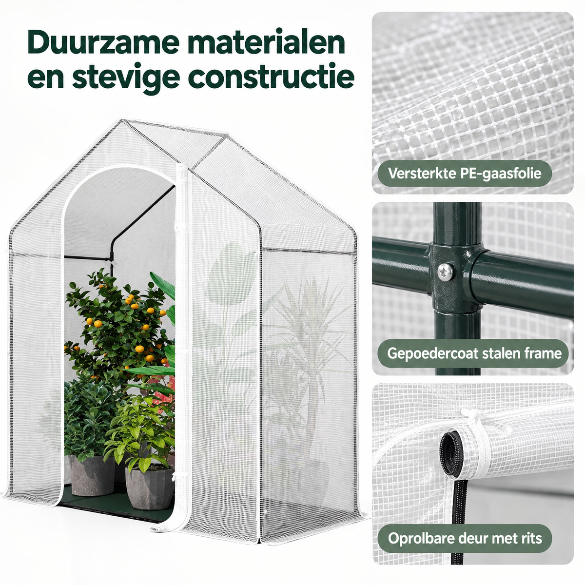Detail van materiaal en afwerking van tomatenkas