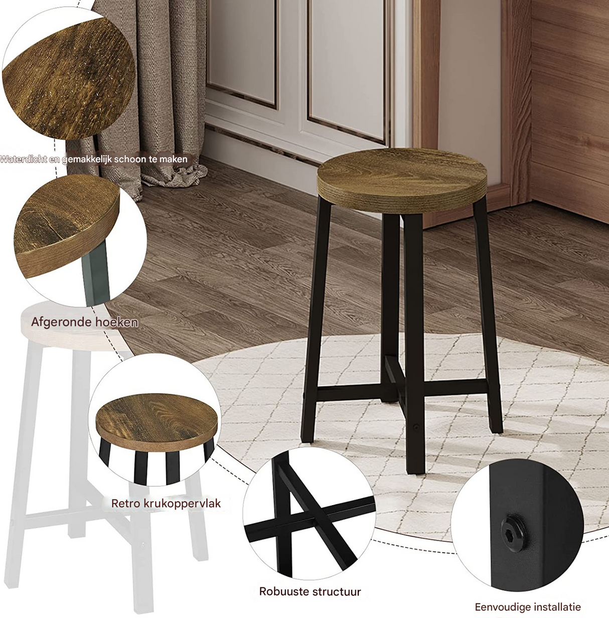 BukkitBow - Lot de 2 tabourets industriels vintage - avec structure en bois et métal - Hauteur d'assise : 46 cm