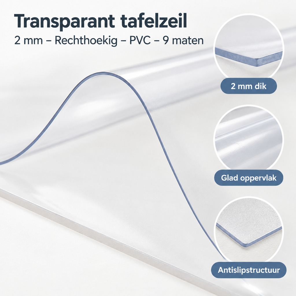 Detail van materiaal en afwerking van transparant tafelzeil 2 mm
