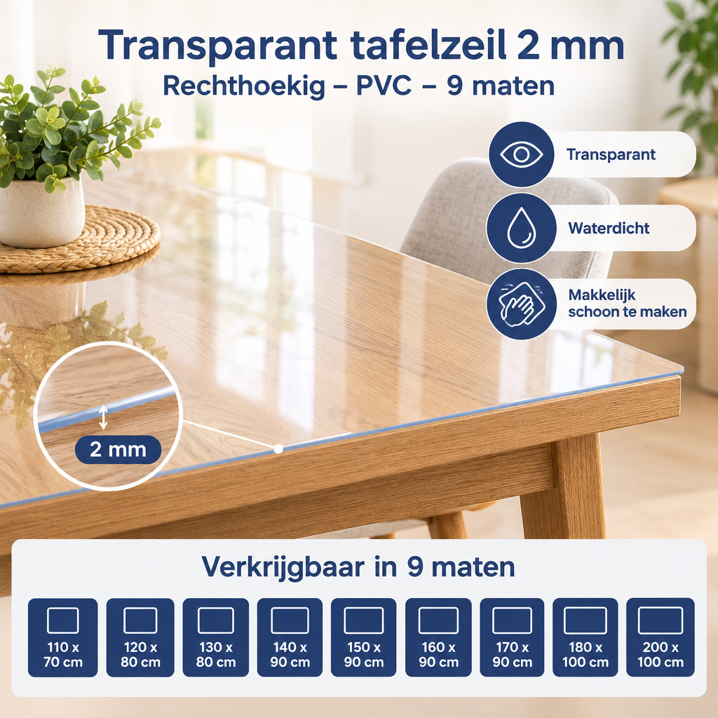 Afmetingen en productspecificaties van transparant tafelzeil 2 mm