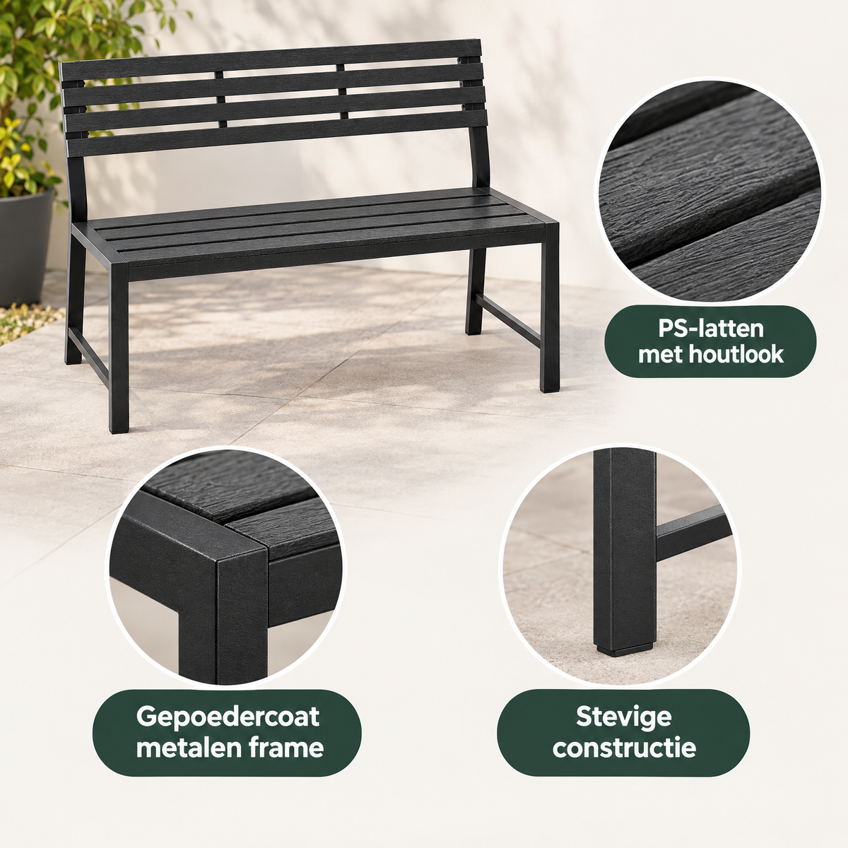 Detail van materiaal en afwerking van tuinbank zwart
