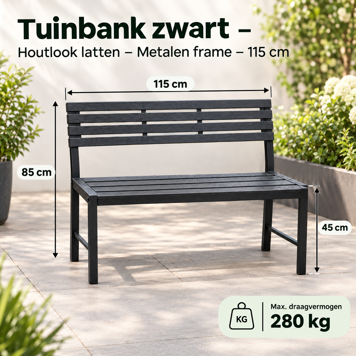 Afmetingen en productspecificaties van tuinbank zwart