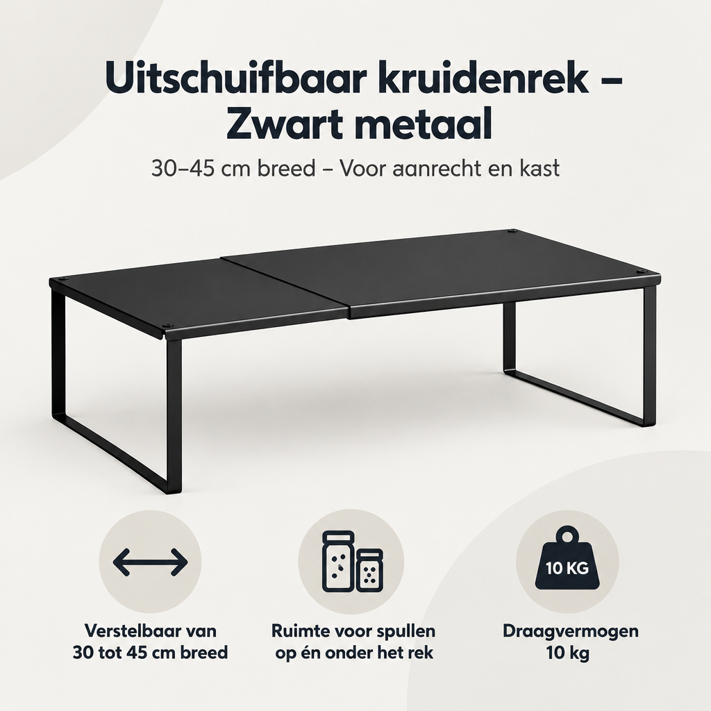 Overzicht van uitschuifbaar kruidenrek met de belangrijkste productvoordelen