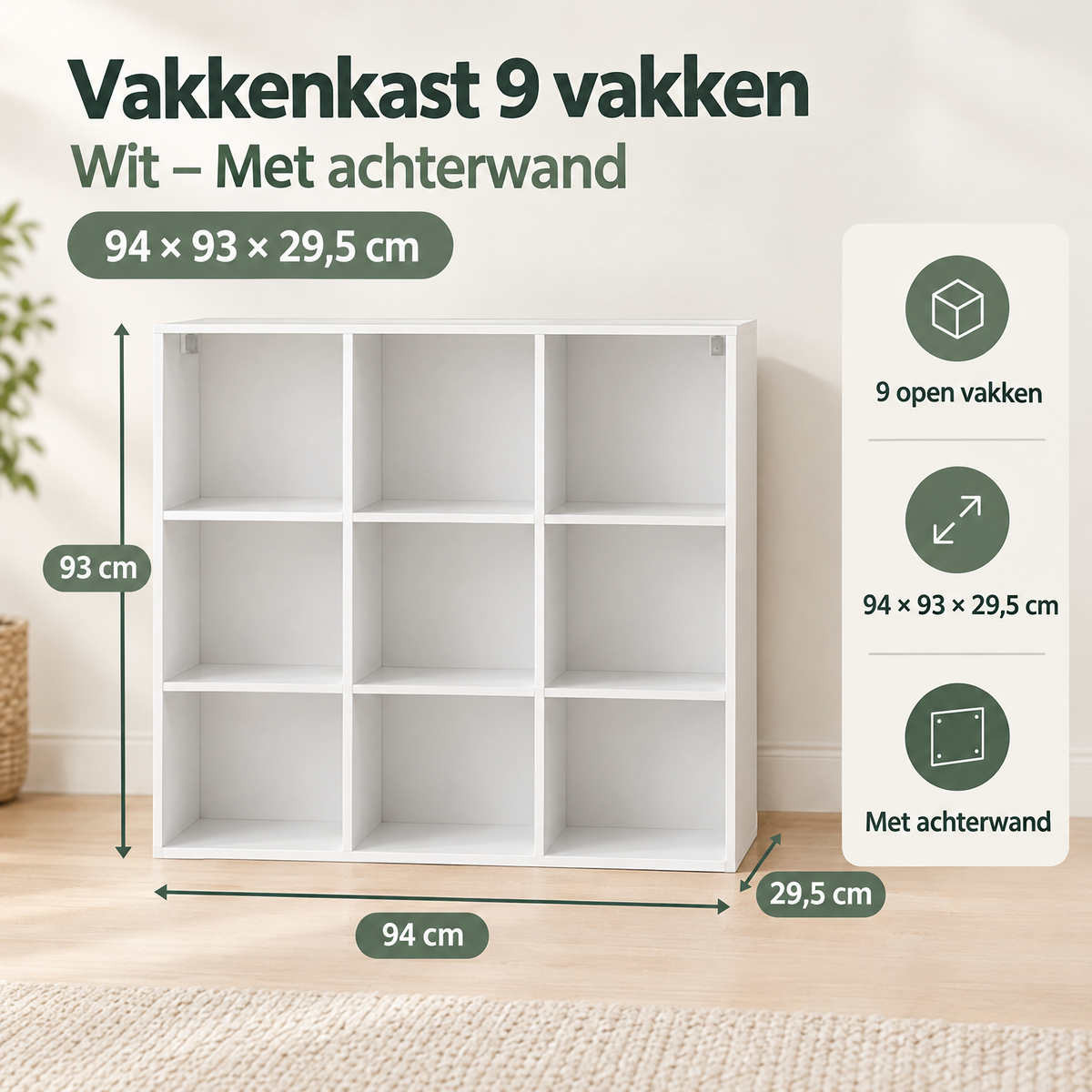 Afmetingen en productspecificaties van vakkenkast 9 vakken