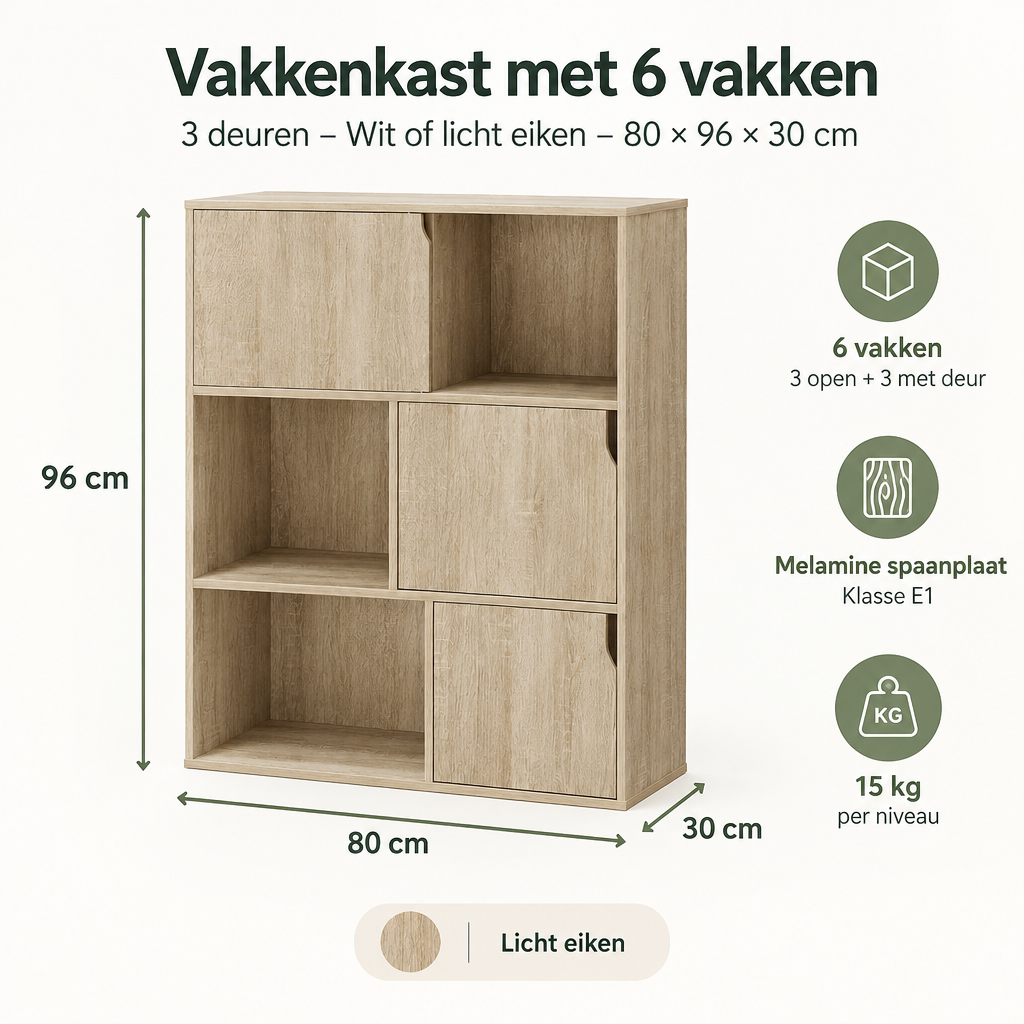 Afmetingen en productspecificaties van vakkenkast met 6 vakken
