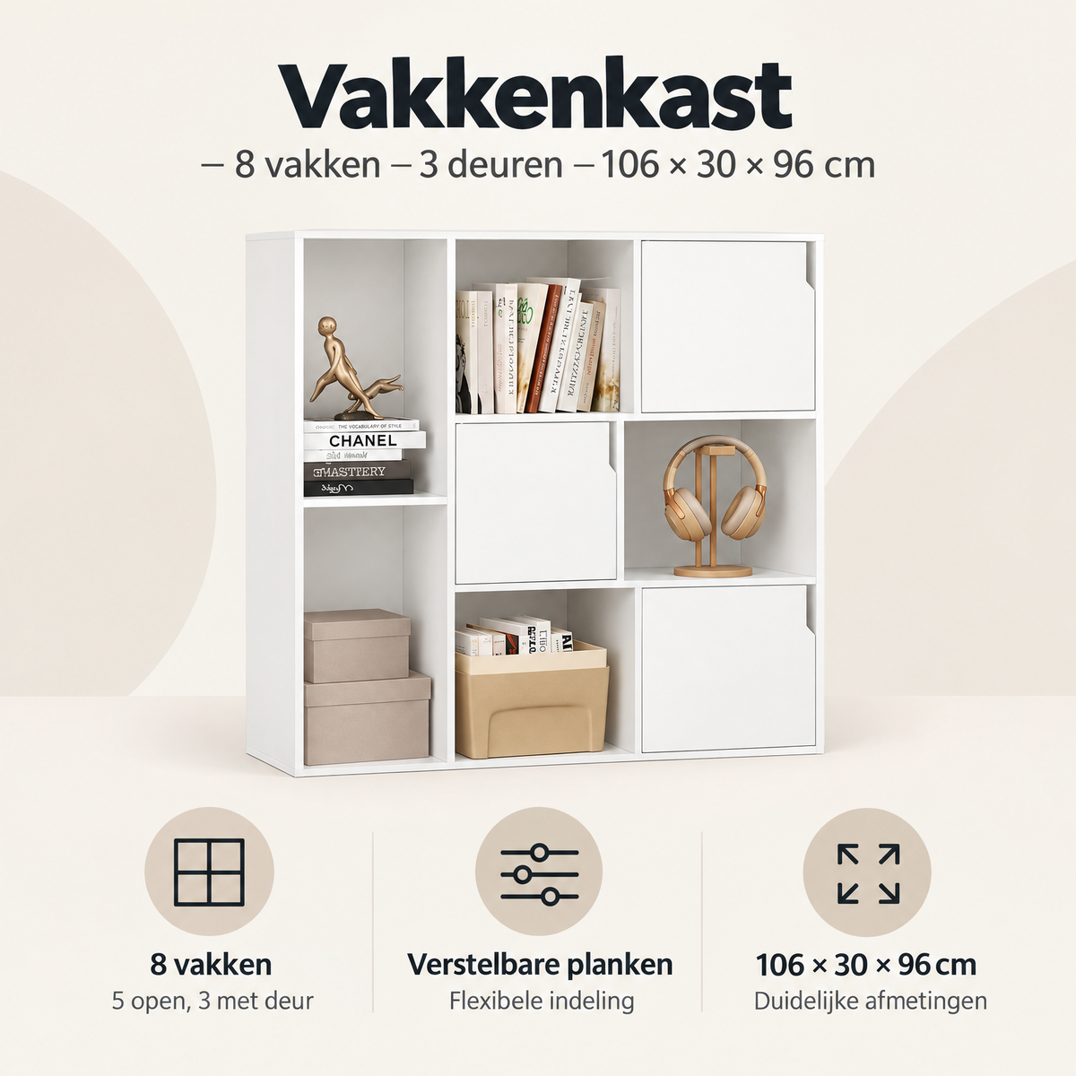 Overzicht van vakkenkast met 8 vakken met de belangrijkste productvoordelen