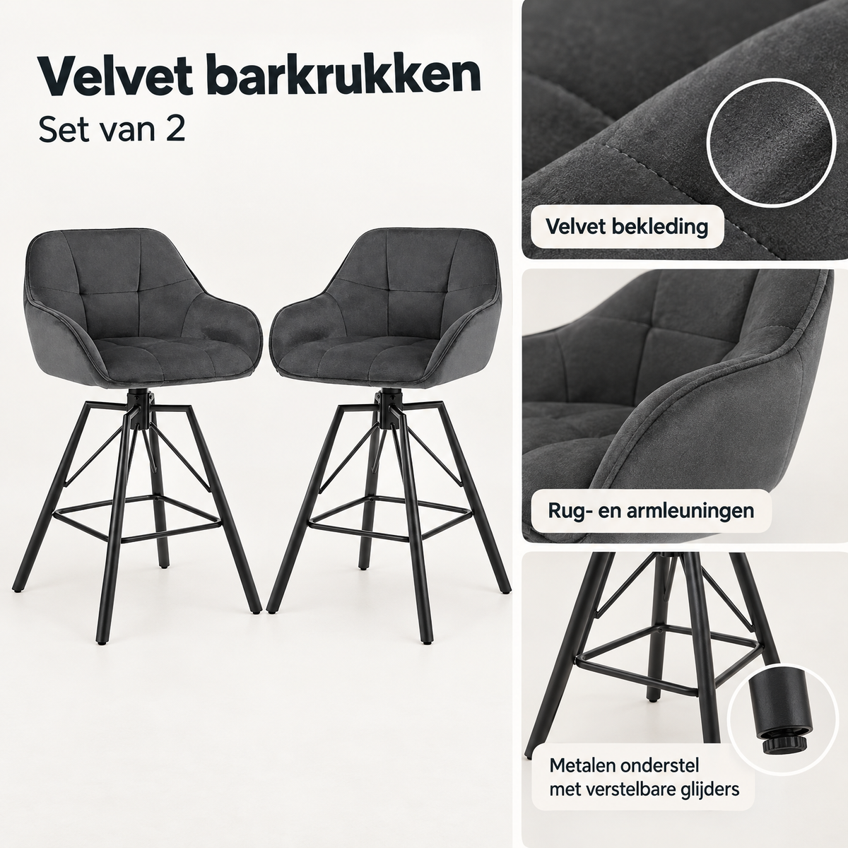 Detail van materiaal en afwerking van velvet barkrukken