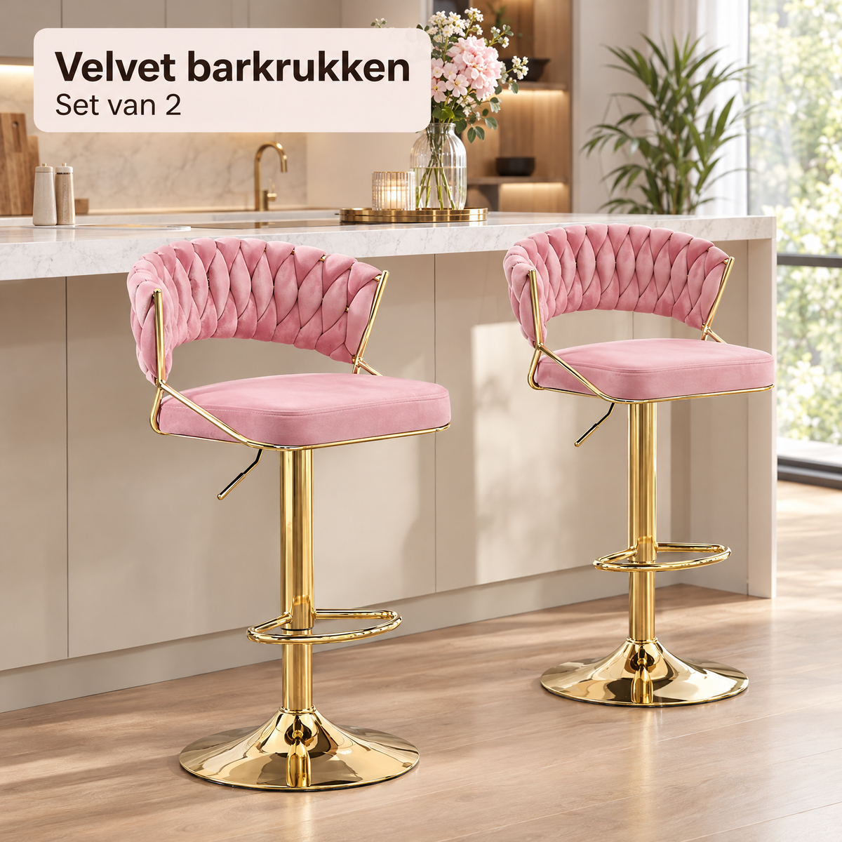 Set van 2 velvet barkrukken met gevlochten rugleuning en verstelbare zithoogte van BukkitBow, stijlvolle barstoelen voor in huis