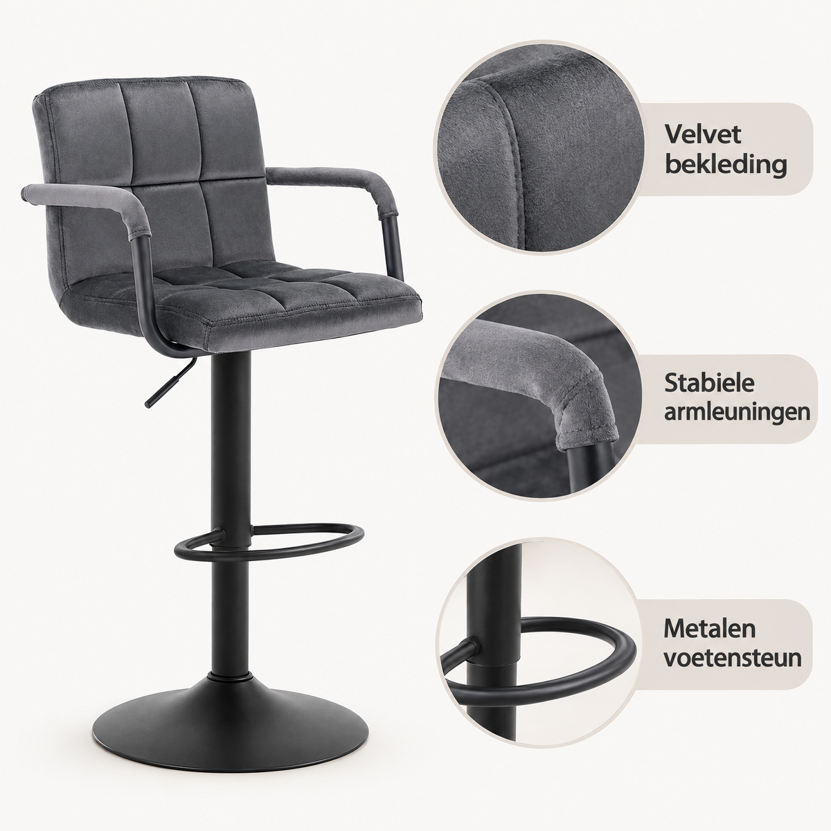 Detail van materiaal en afwerking van velvet barkrukken met armleuning