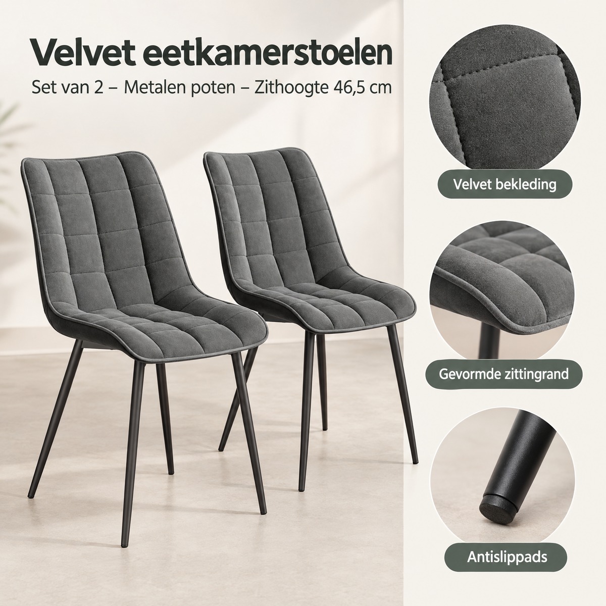 Detail van materiaal en afwerking van velvet eetkamerstoelen