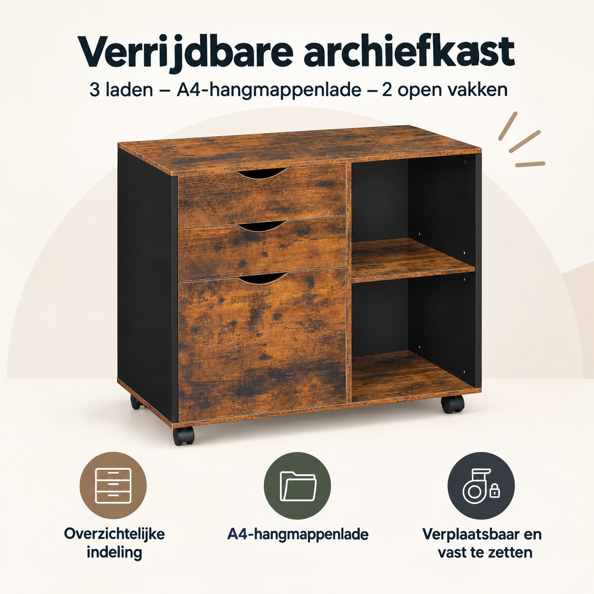 Overzicht van verrijdbare archiefkast met de belangrijkste productvoordelen