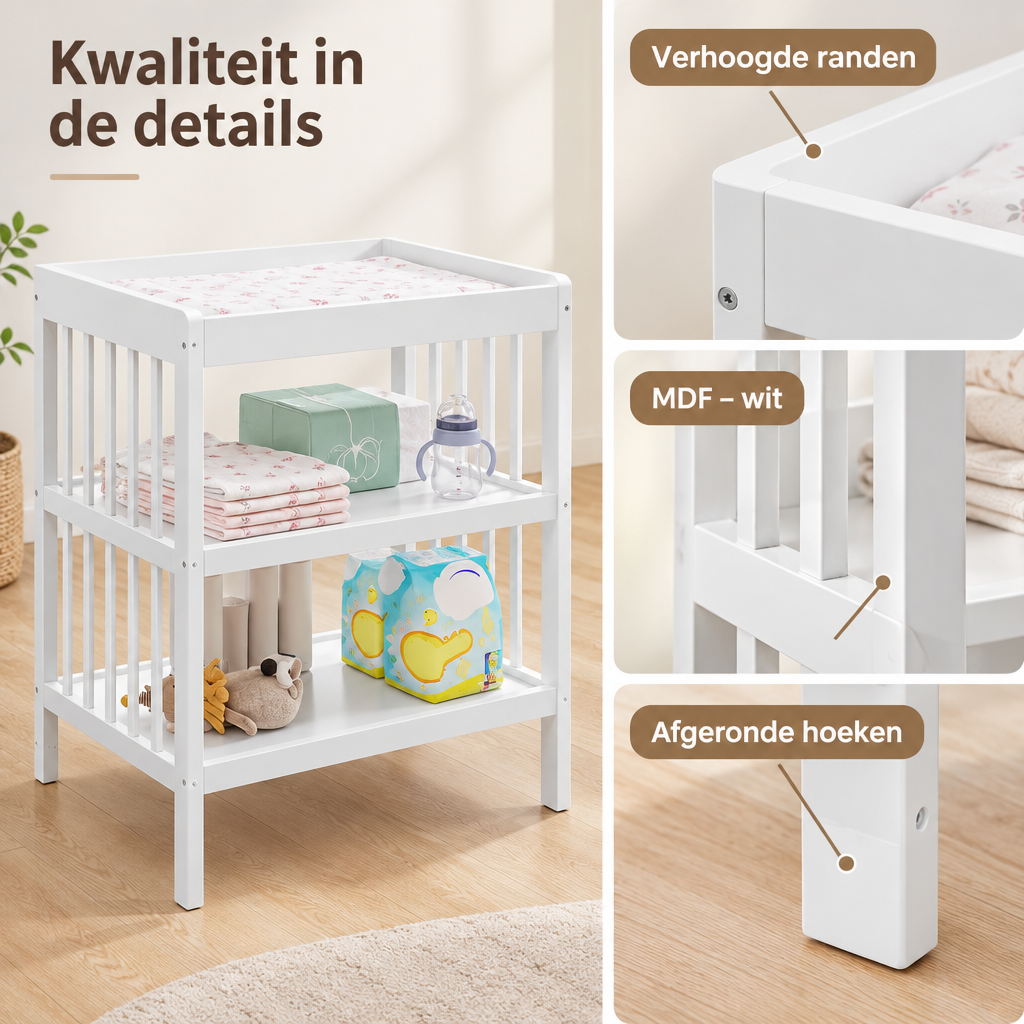 Detail van materiaal en afwerking van verschoontafel